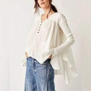 Free People Lyrical Tunic White Cotton Flowy Top Long Sleeve Button Placket XL